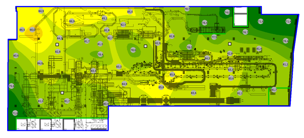 SoundPLAN noise map showing color-coded environmental noise level contours across a city road network